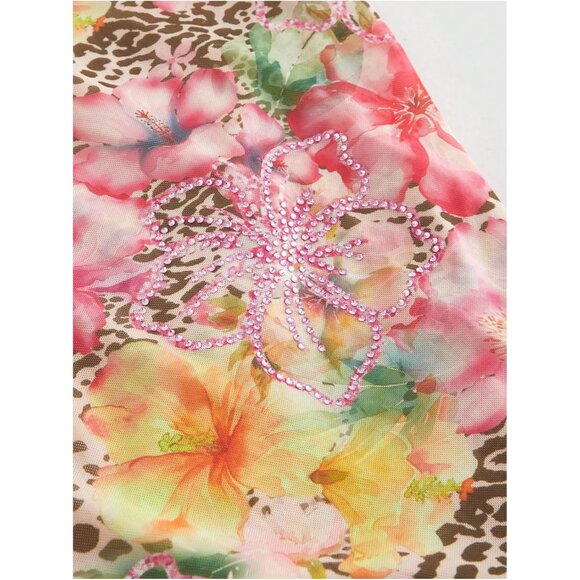 Women's Mesh Mini Dress Floral Leopard Ruffle Halter Casual Summer - Picture 4 of 4